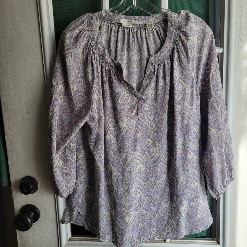 Max Studio Womens Purple Silk Abstract Print Split Neck 3/4 Sleeve Blouse‎ M